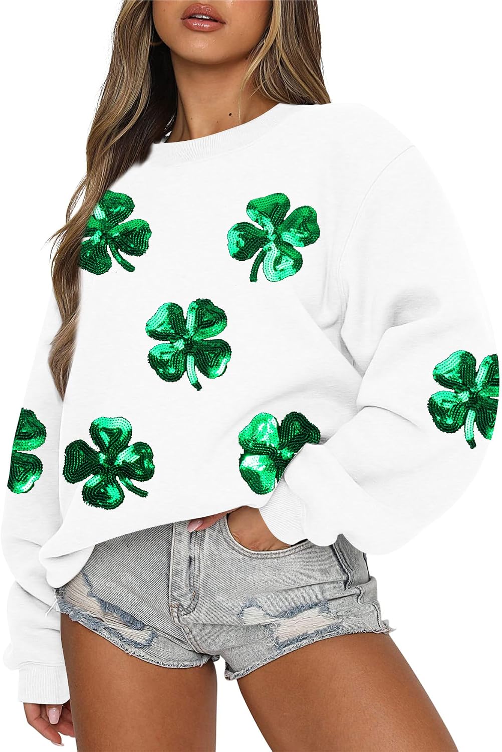 MAXIMGR Women St Patricks Day Sweatshirts Sequin Leaf Clover Sweater Shamrock Shirts Casual Irish Gift Long Sleeve Pullover