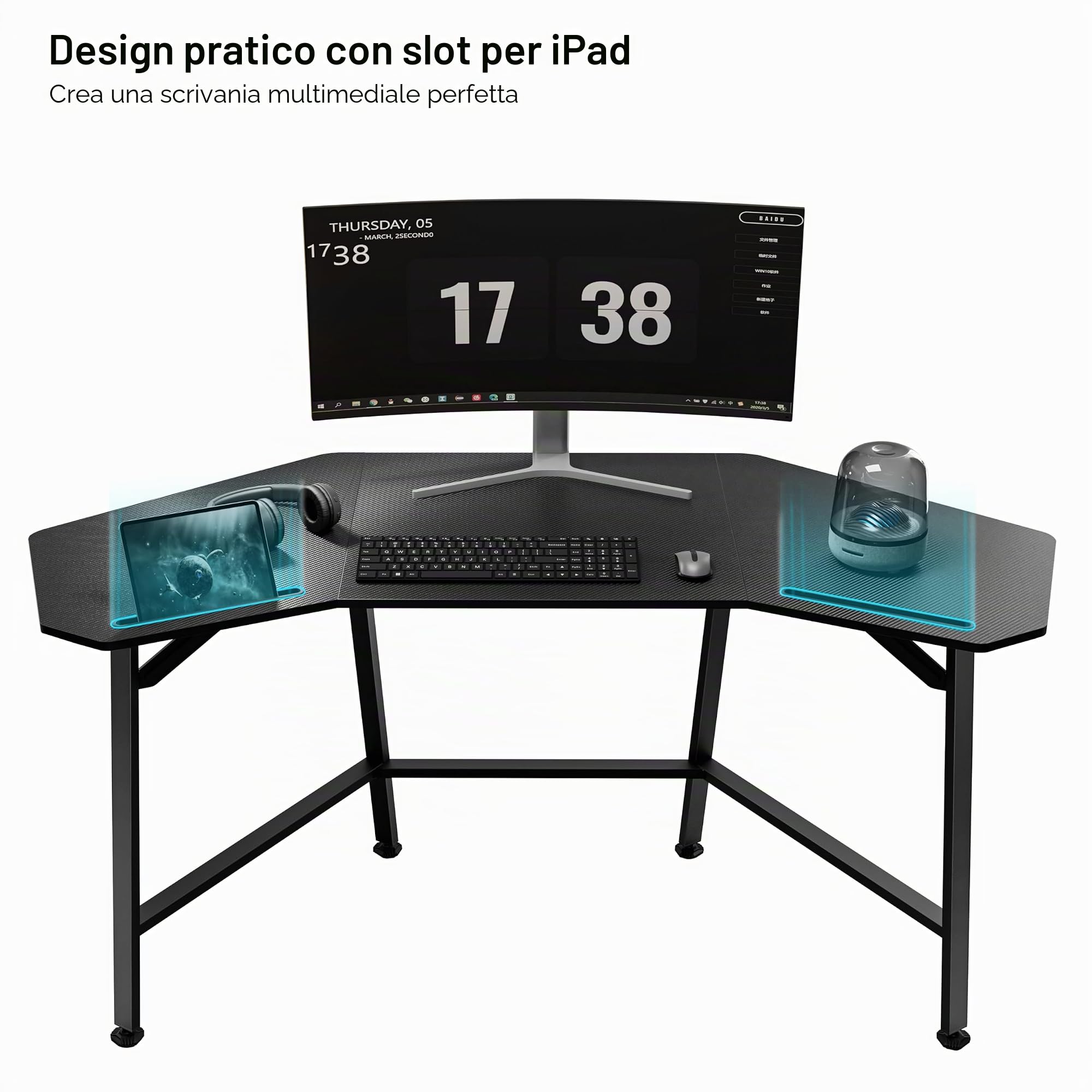 EUREKA ERGONOMIC Tavolo da gioco, 160 x 74 cm, grande scrivania da gioco a forma di ala, PC con 2 slot per iPad, per Home Office Studio Live Streaming