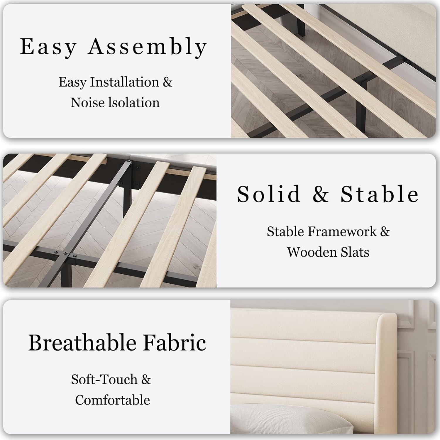 Queen Bed Frame with Upholstered Headboard, Velvet Platform Bedframe Mattress Foundation, Strong Wood Slat Support, No Box Spring Needed, Easy Assembly, Pale Beige
