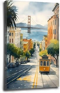 Framed Canvas wall Hanging San Francisco Watercolor Painting Golden Gate Bridge Poster California Wall Art Travel Print Retro Art Prints 12x18in-Framed