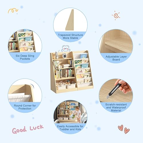 Miniatura 5 de Estantería de 4 niveles para niños, estante para libros para niños pequeños, organizador de almacenamiento de juguetes con 6 eslingas, estante