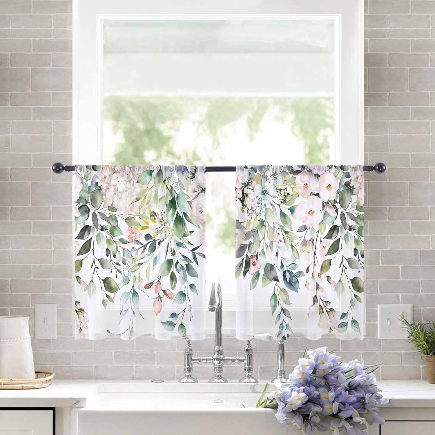 2 PCS Eucalyptus Sage Green Semi-Sheer Chiffon Curtains 45 Inches Long,Rod Pocket Voile Curtain Panels Window Drape Curtains for Living Room/Bedroom/Kitchen,Farmhouse Pastoral Pink Floral Leaf 104x45