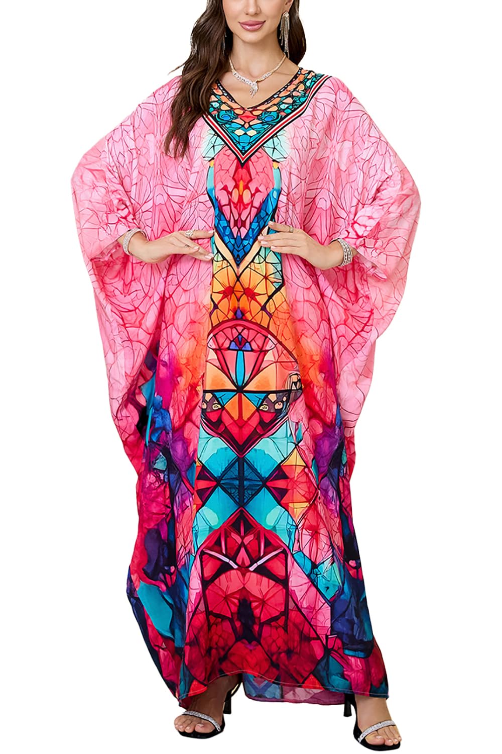L-Peach Women's Blue Pink Summer Long Beach Dress Kimono Maxi Kaftan Cover Ups