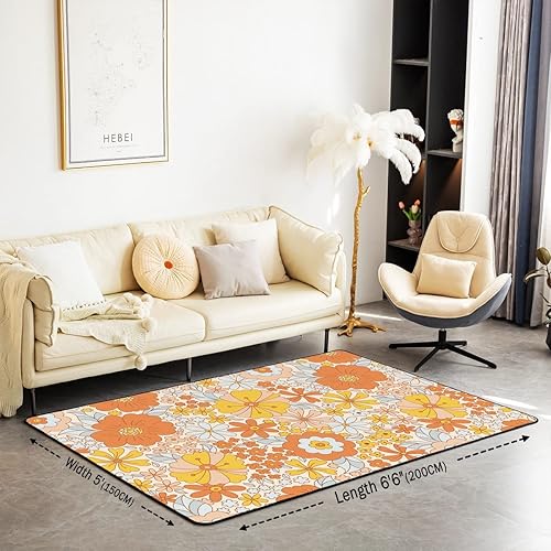 Miniatura 2 de Alfombra de área de flores hippie de 5 x 7 pulgadas, 60S y 70S, con flores retro, para sala de estar, dormitorio, decoración del hogar, flores