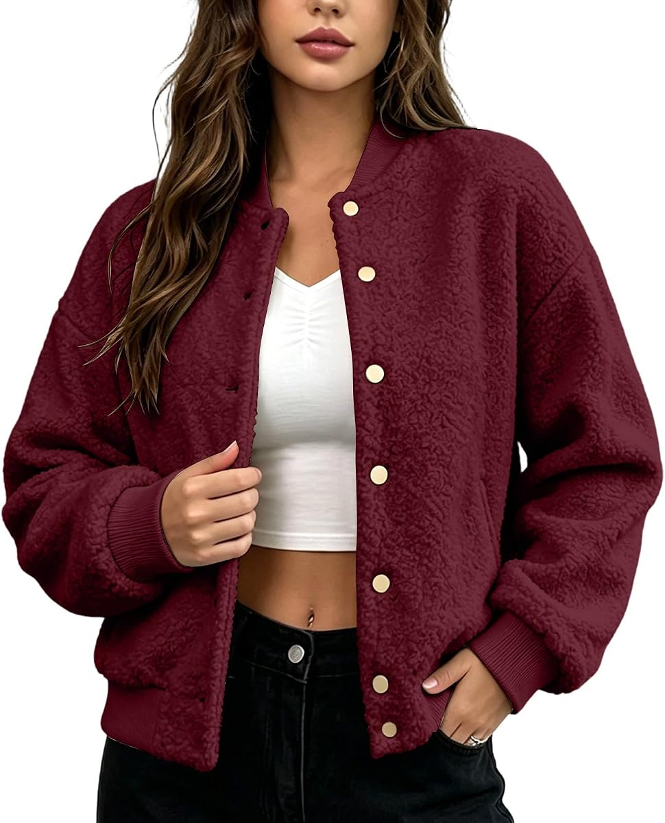 Oplxuo Women's Sherpa Bomber Jacket Button Down Fleece Fall Winter Coat