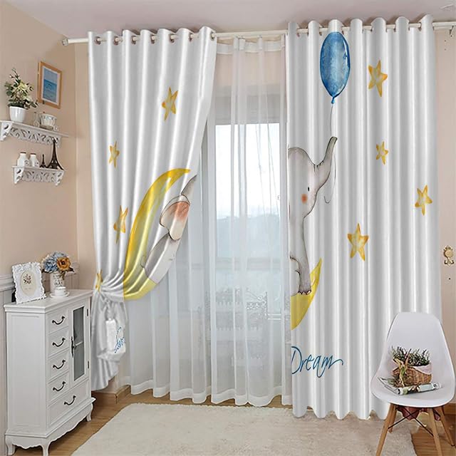 CLZLH Curtains For Living Room Blackout Curtains 3D Cartoon, Animal, Baby Elephant Printing Pattern Eyelet Curtains 27X63 Inch Drop Home Bedroom Living Room Nursery Decoration Energy Saving Noise Redu