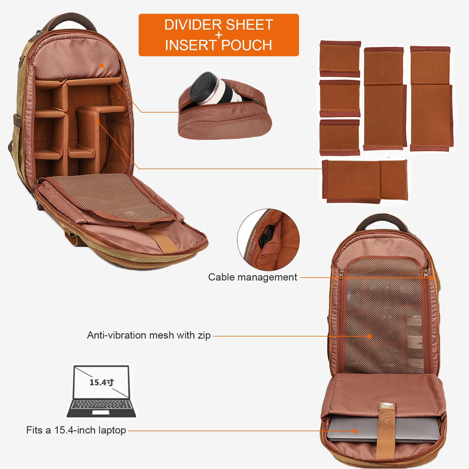 Zaino Macchina Fotografica in Tela Batik, Zaino da Viaggio Antiurto, con Scomparto per Notebook da 15.4 Pollici, per Treppiedi, Fotocamere, Obiettivi e Accessori (Grigio)