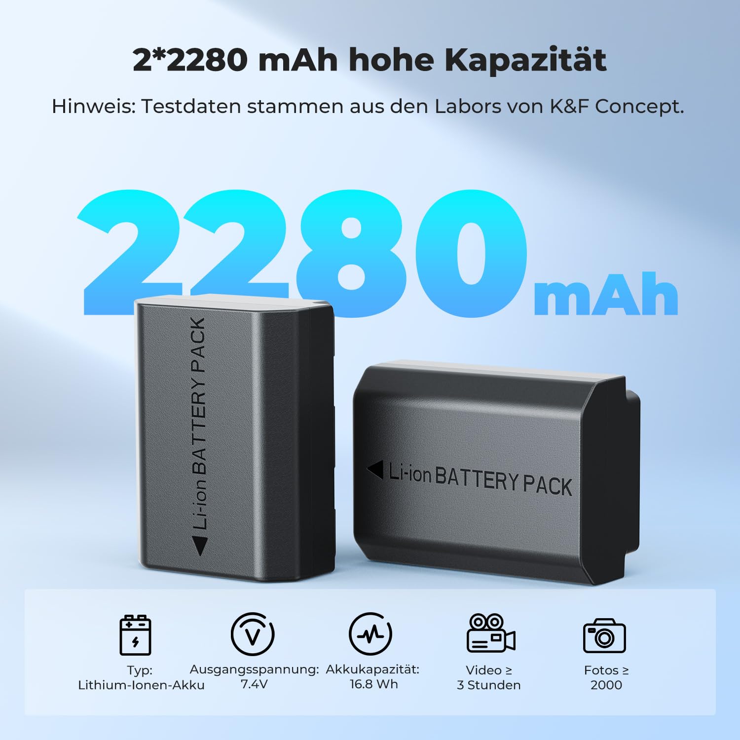 K&F CONCEPT NP-FZ100 Kamera Akku,2er Pack 2280mAh Kameraakku USB Dual Ladegerät für Sony Alpha 9, A9, Alpha 9R, A9R, Alpha 9S, A9S, A7RIII A7R3, A7 III, A7R4, A7RIV ZV-E10ii Digitalkameras