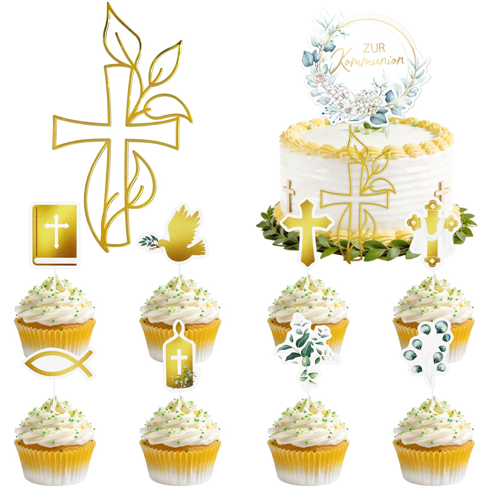 10 Stück Tortendeko Kommunion,Kuchendeko Kreuz,Taube Fisch Cake Topper Konfirmation,Tortenaufleger Kommunion,Kuchen Deko,Kuchenaufstecker Tortenaufsatz,Erstkommunion Deko