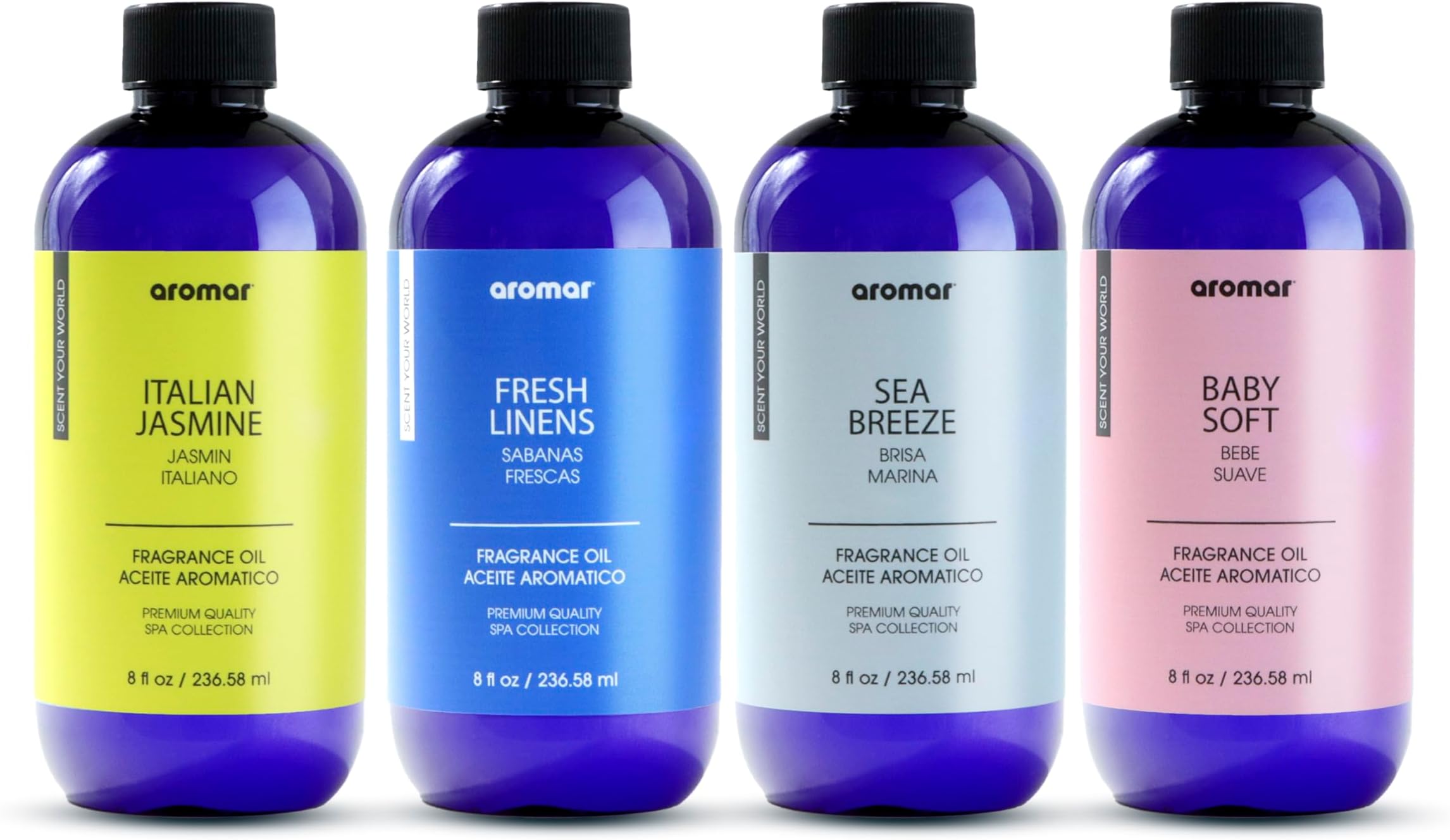 Premium Fragrance Oil, Long-Lasting, Reinvigorating Uplifting Aroma for Aromatherapy, & Household Uses. Assorted 8oz scents 4pk (Baby Soft, Fresh Linens, Italian Jasmine, Sea Breeze)