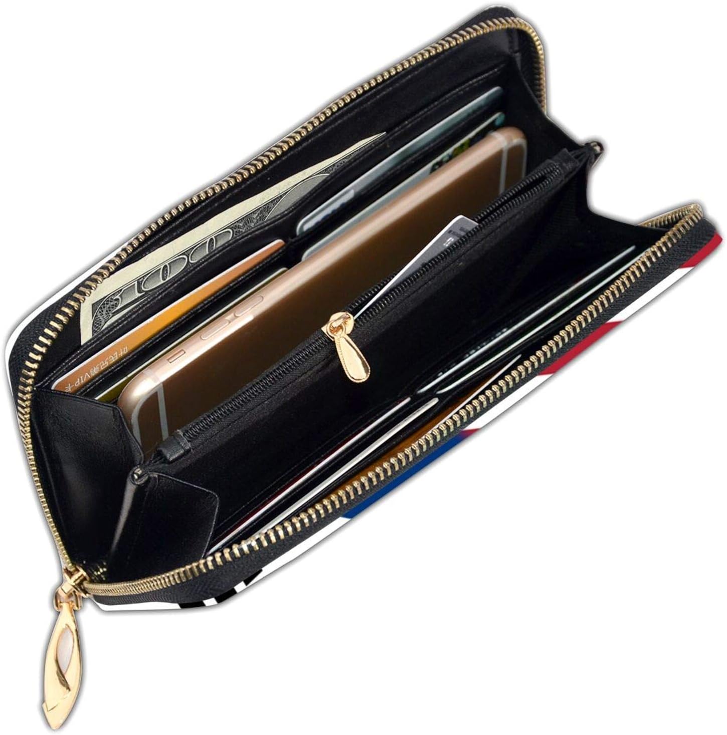 WAYMAY American Flag And South Korean Flag Ladies Long Wallet Genuine Cowhide Zip Closure Card Slot Wallet