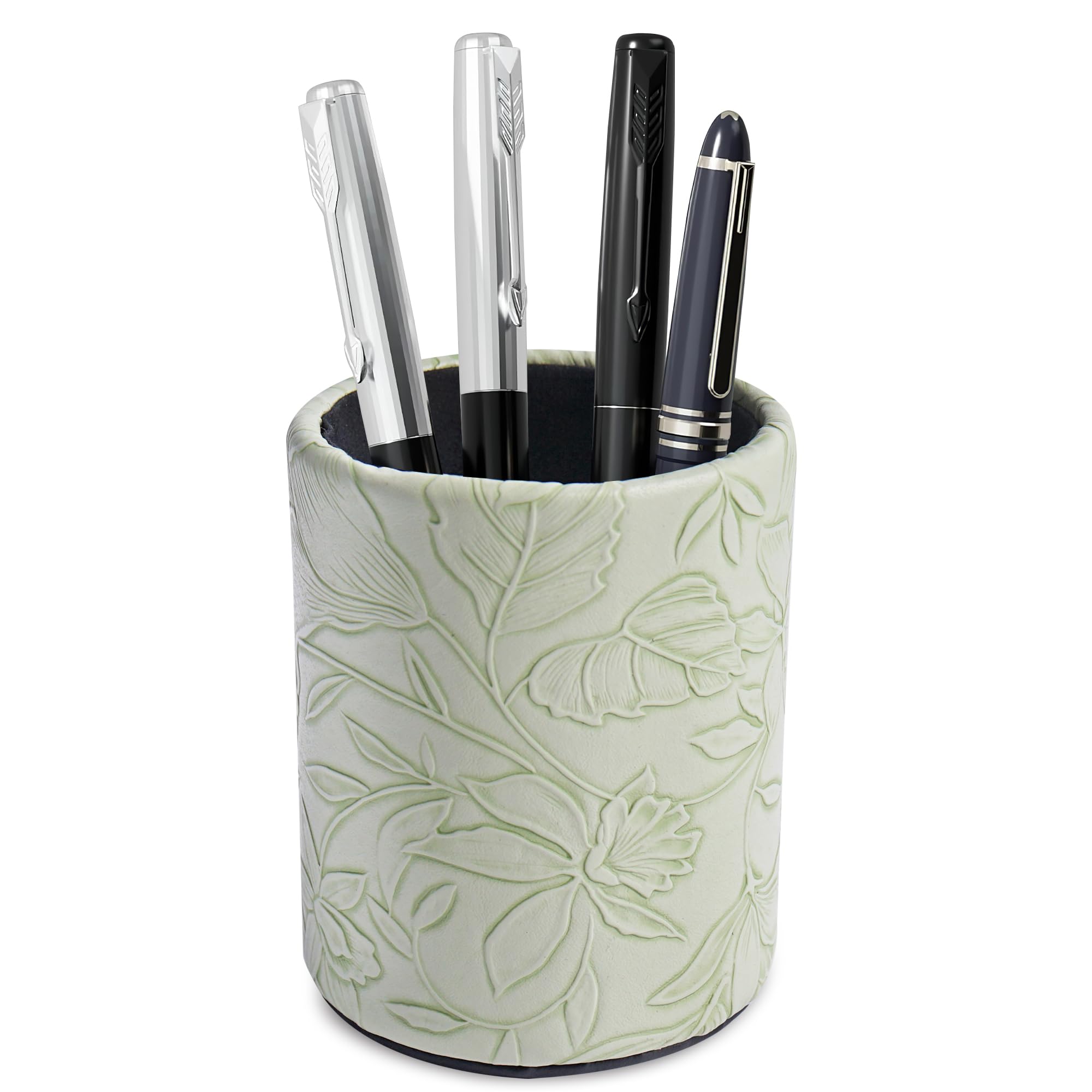 Czzmy PU Leather Pen Holder Round Flash Makeup Brush Holder Desktop Pencil Storage Holder Gift for Desk Office Classroom Home(1-Carved Green) — image 1