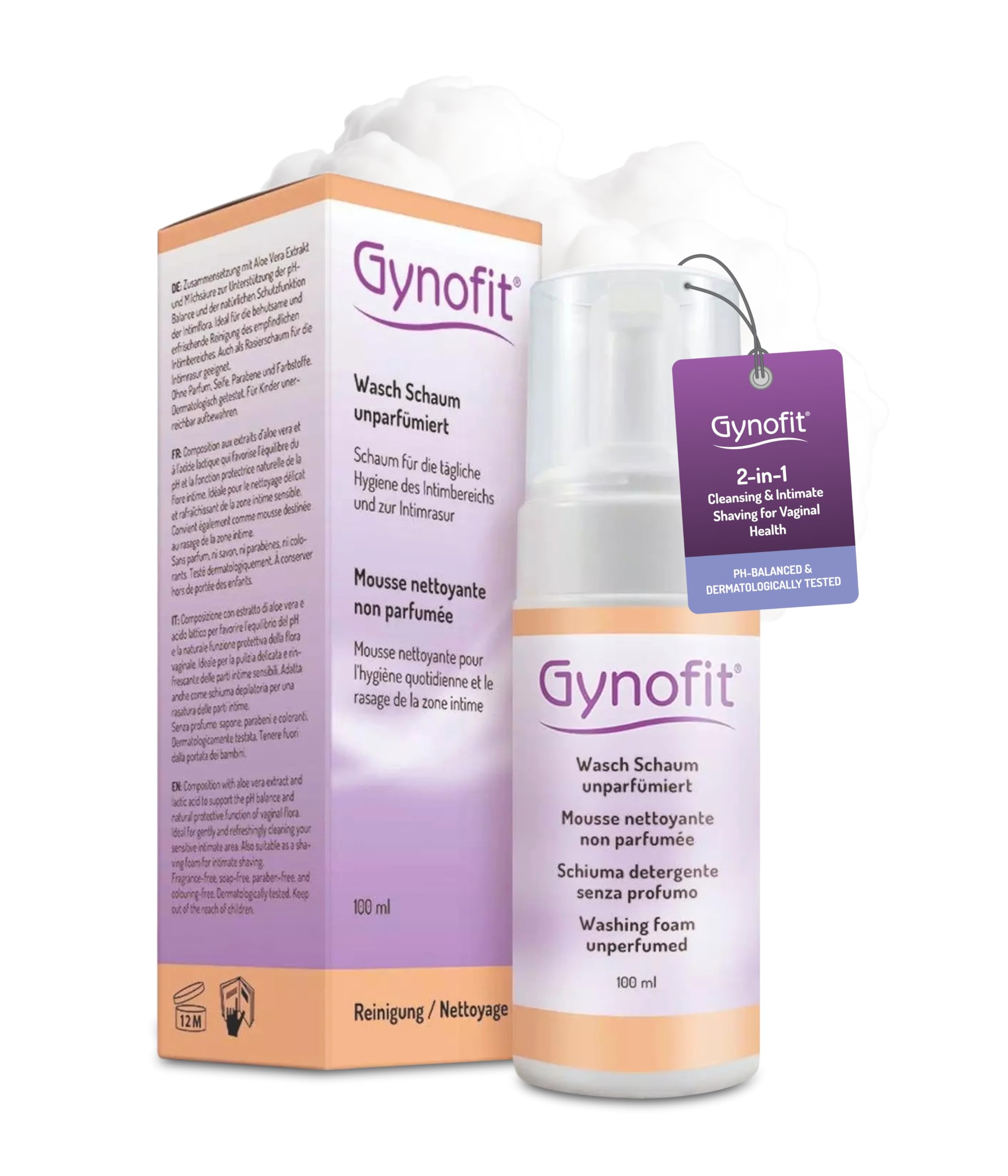 Gynofit schiuma (non profumato) - Pulizia e rasatura intima per la salute della vagina - Sostiene l'equilibrio del pH e la funzione protettiva della flora vaginale (100 ml)