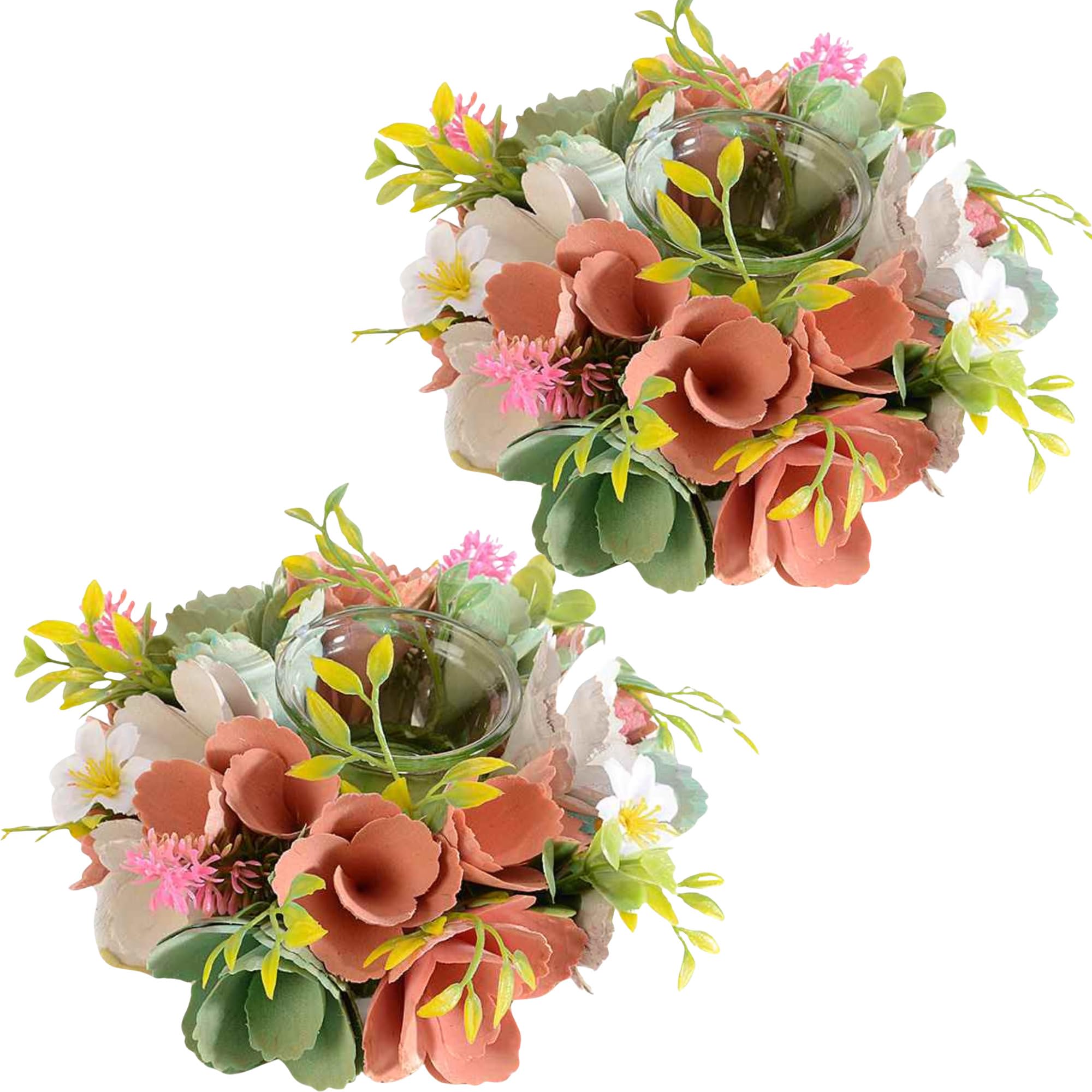 Casa Set 2 Centrotavola Fiori Legno Portacandela Rosa Bianco | Qrelia Casa - set 2 centrotavola fiori legno con vasetto portacandela in vetro, tealight standard