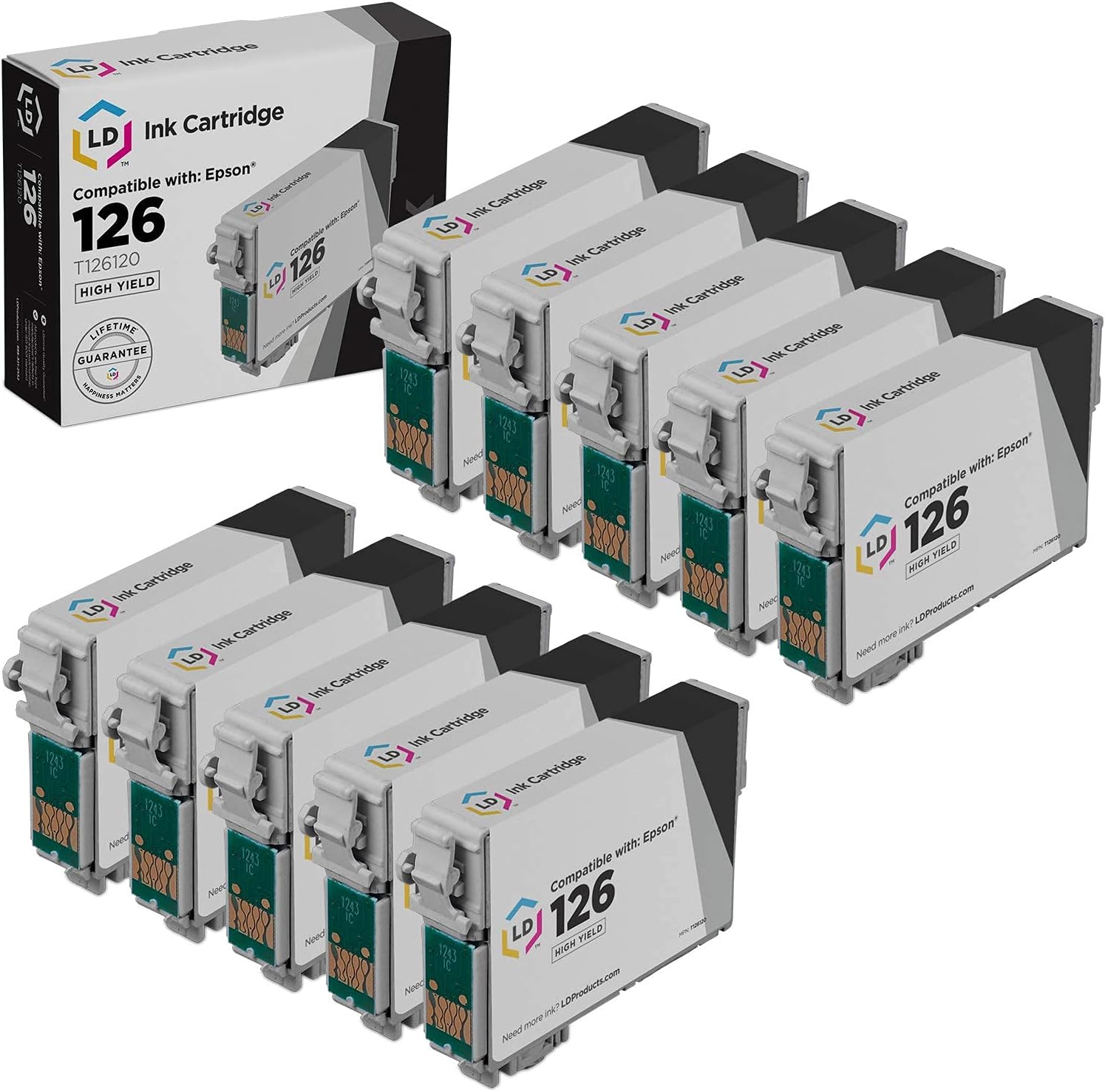 LD Remanufactured Replacement for Epson 126 Ink Cartridge T126120 (Black, 10-Pack) Compatible w NX330 NX430 WorkForce 435 520 60 630 633 635 645 840 845 WF-7010 WF-7510 WF-7520 WF-3520 WF-3530 WF-3540