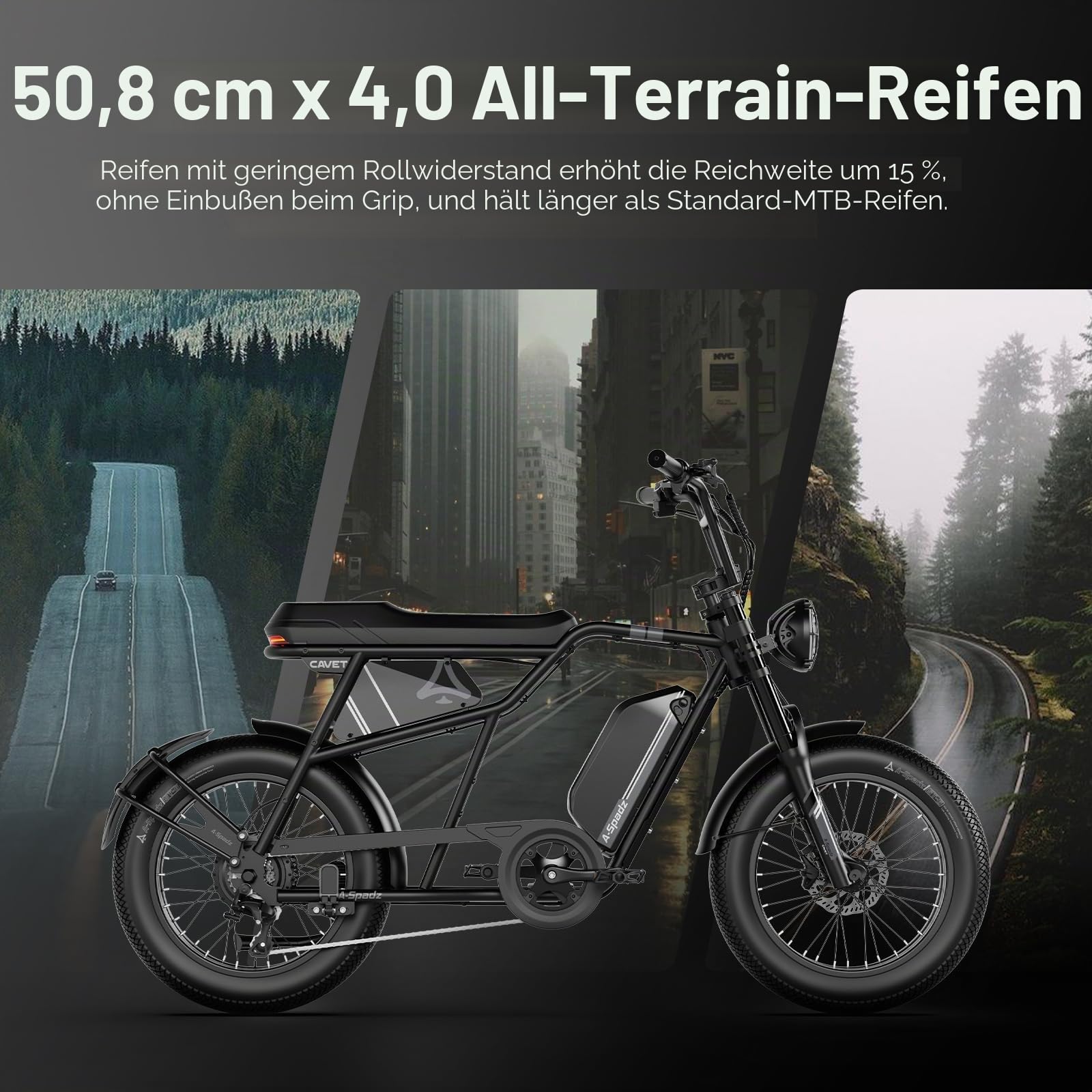 Cavet Fat-Tire E-Bike, 48V 250W Motor, 15,6Ah Akku, bis zu 100 km Reichweite mit Tretunterstützung, 7-Gang-Schaltung, TFT-Display, Elektrofahrrad für Erwachsene.