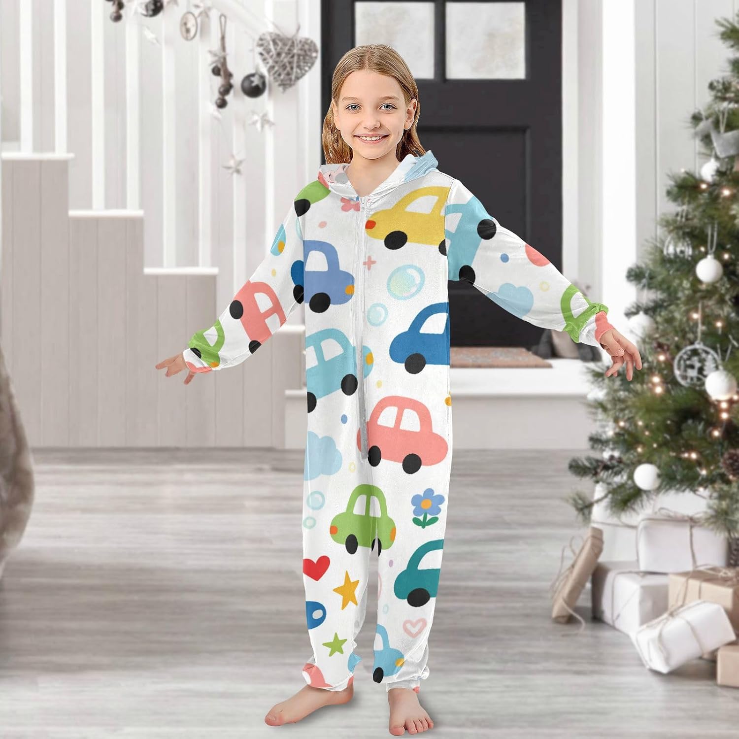 Cartoon Cute Colorful CarsUnisex PajamaSoft Cozy Hooded Holiday Costumefor Christmas Home