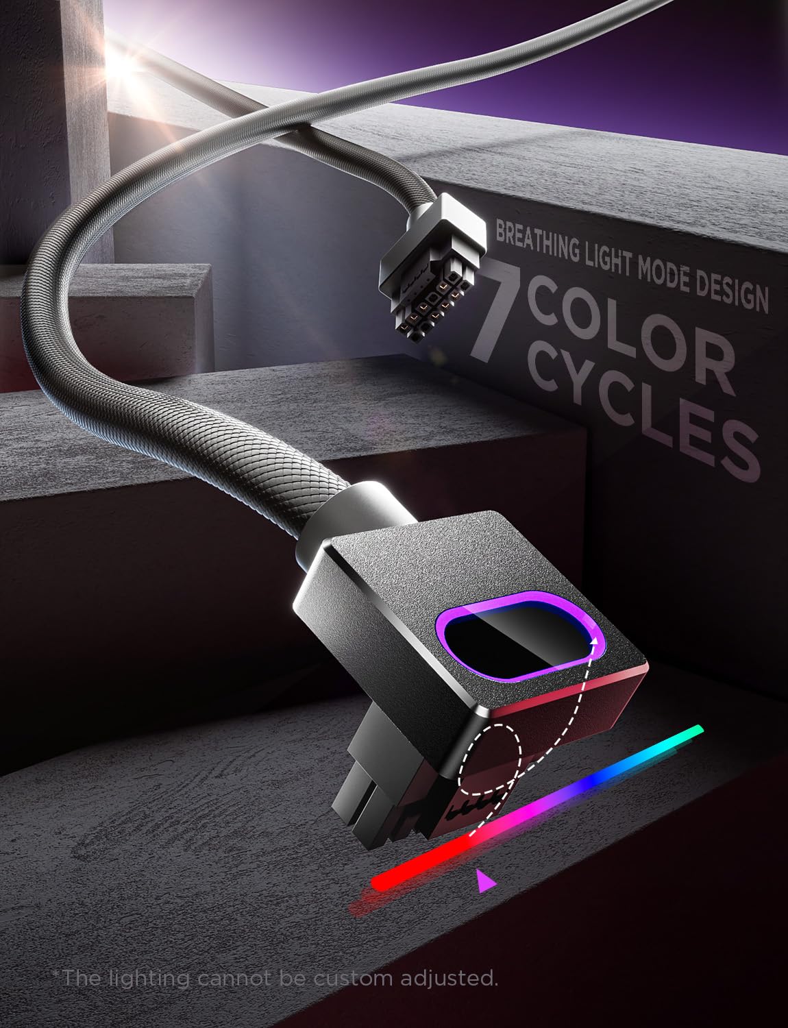 Close-up image of the Hydrus-16PIN cable connector displaying its RGB breathing light mode with multiple colors.