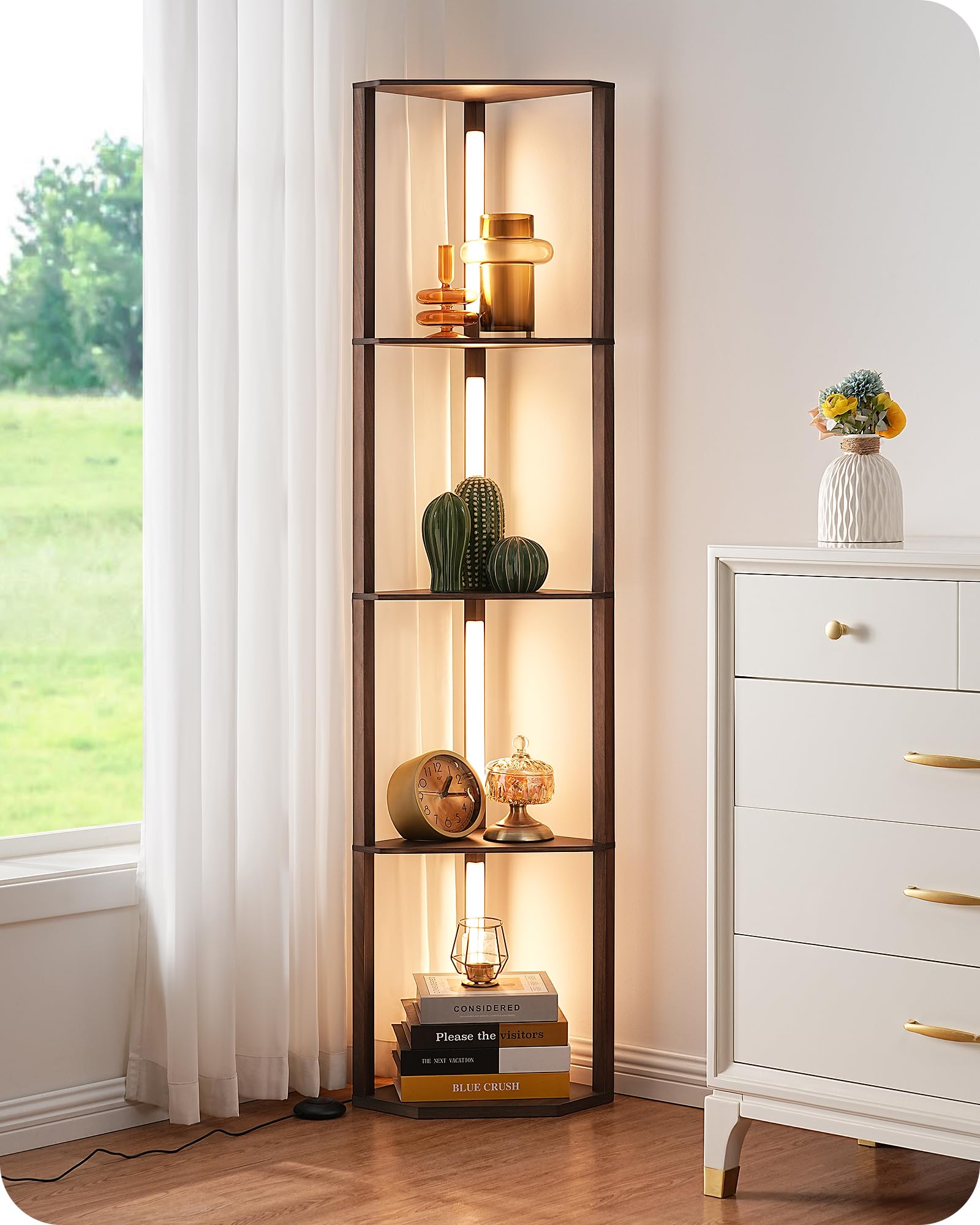 EDISHINE Lampadaire sur Pied Salon avec Étagères, Dimmable en Continu, 3 Températures de Couleur, Interrupteur a Pédale, Étagère d'Angle avec Lampe LED pour Salon, Chambre, Bureau, Noyer Foncé