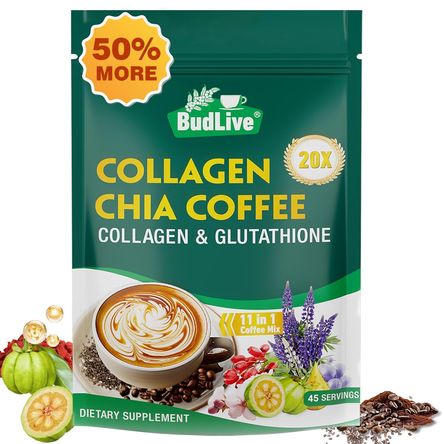 20X Collagen Chia Coffee, 11 in 1 Coffee Mix with Collagen & Chia Seeds, Goji Berry, Supports Hair, Skin & Nails, Sugar Free, Vegan, 45 Servings (9.8Ounce (Pack of 2)