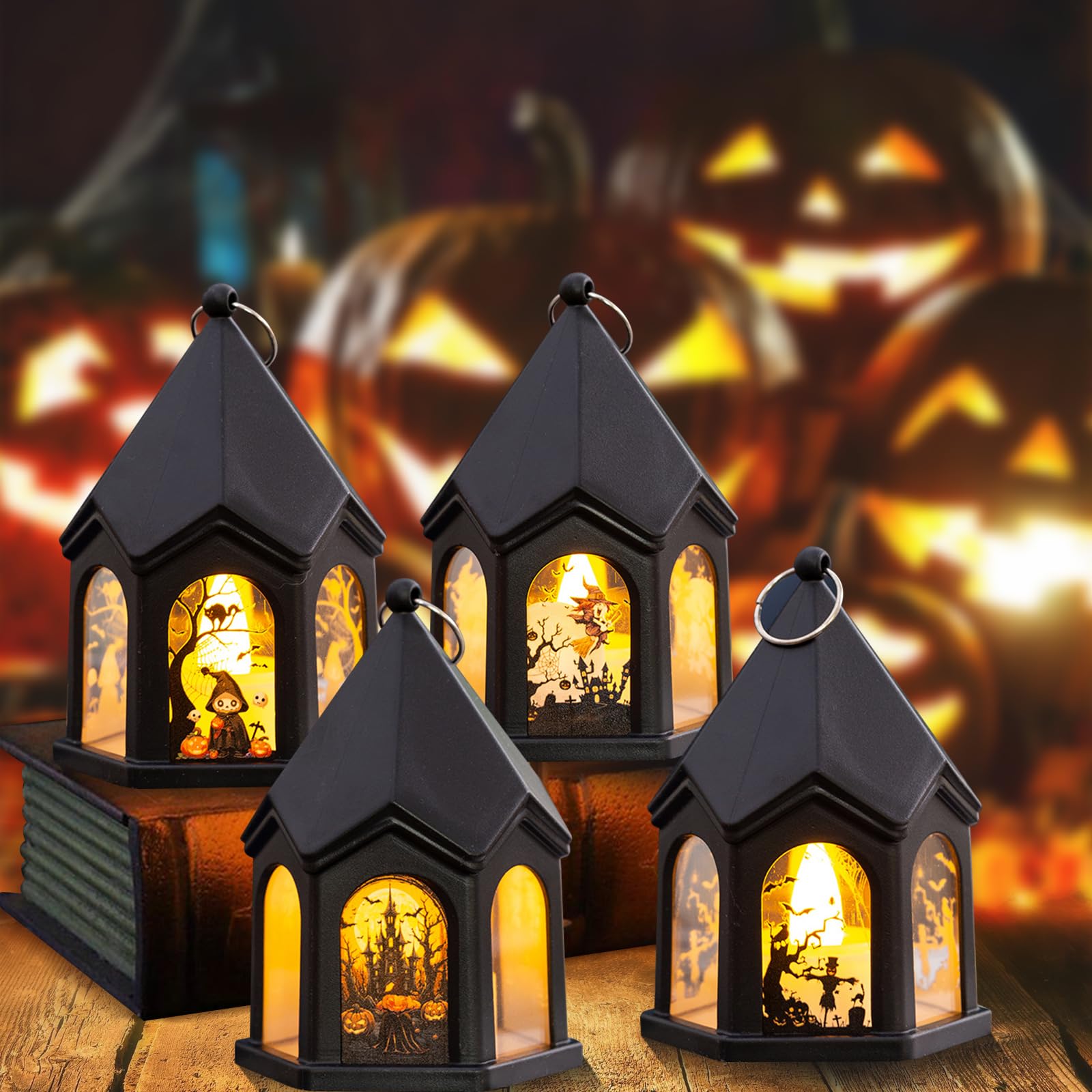 4 Pièces Lanternes Décoratives Halloween - Motifs Citrouille, Sorcière, Squelette - PVC - 17x10cm - Pour Intérieur Et Extérieur