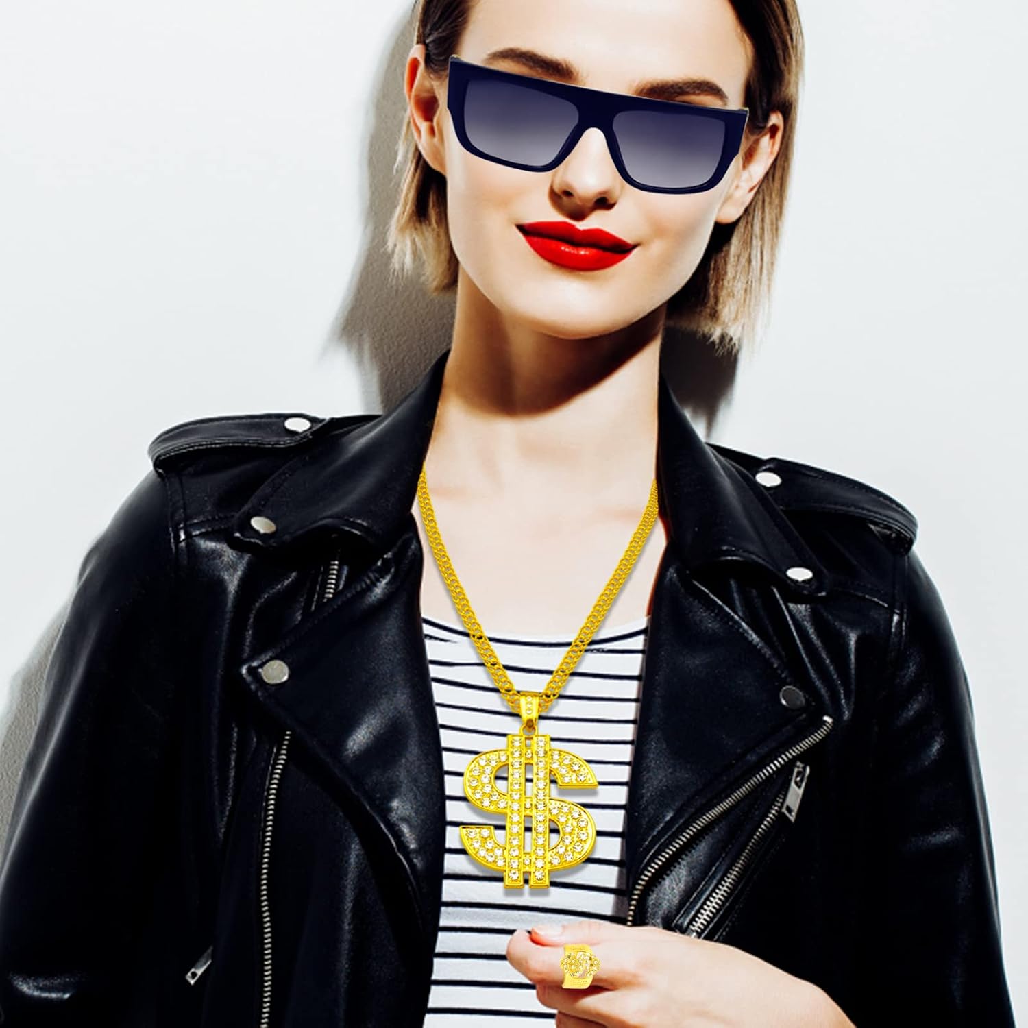 4 Pack 80s 90s Hip Hop Costumes Outfit, Fake Gold Chain Money Chain, Twist Leg Punk Sunglasses, Dollar Sign Finger Ring for Men Women Rapper Accessories