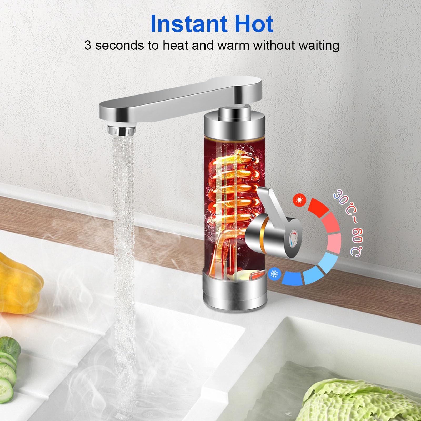 Grifo eléctrico instantáneo, grifo de calentador de agua eléctrico, indicador de temperatura LCD, mezcla de 360°, grifo de cocina giratorio, grifo de agua instantáneo