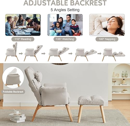 Miniatura 6 de CLIPOP Silla decorativa moderna con otomana, sillón de tela de lino con respaldo ajustable (5 ángulos), patas de madera maciza, cómoda silla de