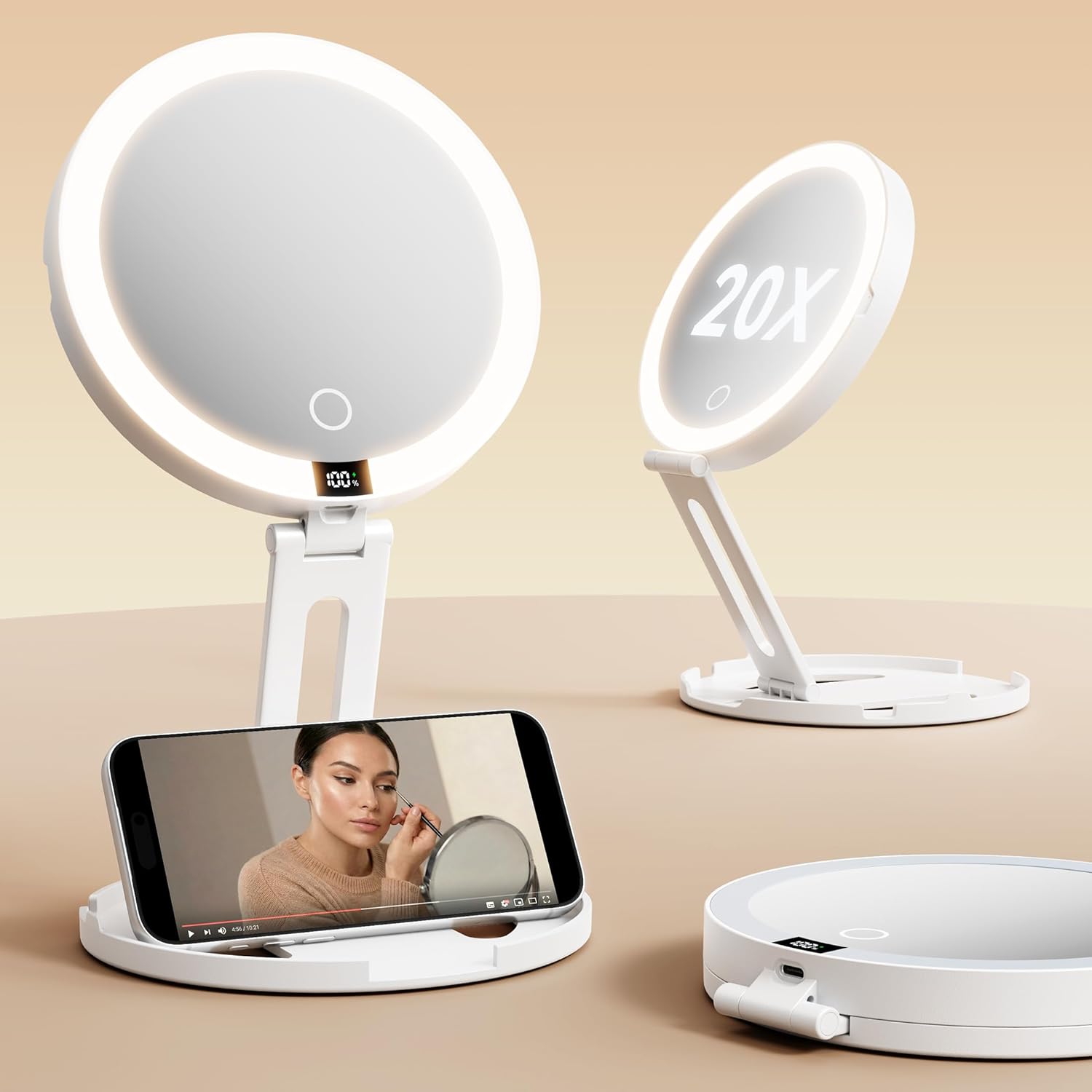 Travel Makeup Mirror with Lights (Gen 3) - 20X/1X Dual Sided Magnifying Mirror with Digital Power Display - Rechargeable, 3 Color Dimmable, CRI 95+ - Portable Folding Design