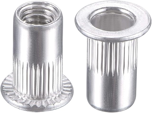 sourcing map M4 Rivet Nuts Aluminium Alloy Knurled Flat Head Threaded Insert Nut Silver 100pcs