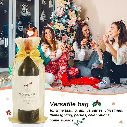 Miniatura 7 de Pinkmiumiu Bolsas de vino de organza doradas, 20 bolsas con cordón para botellas con lazo, bolsas de regalo de vino transparentes para bodas, baby