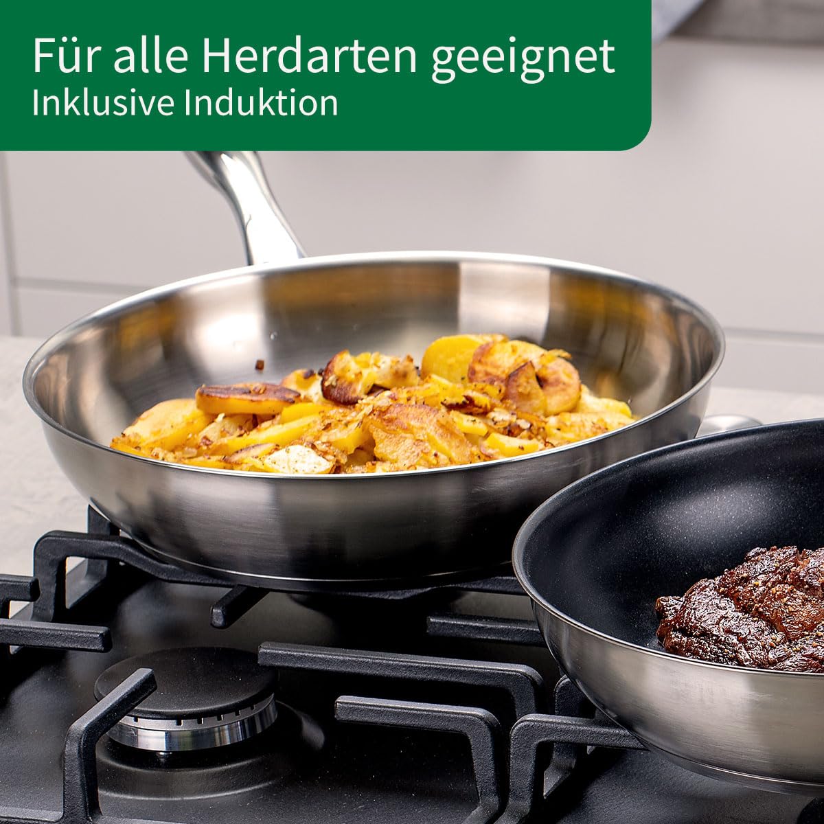 FACKELMANN Chefkoch Bratpfannen 2er-Set München aus Edelstahl Ø 28 & 24cm, Induktionsgeeignet & Spülmaschinenfest