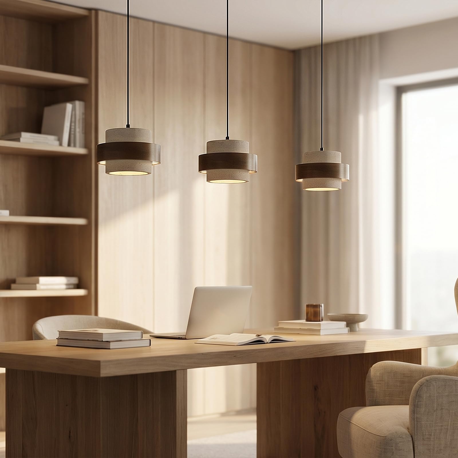 Lampadario Sospensione LED 3 Teste Stile Giapponese Wabi sabi Travertino Giallo Altezza Regolabile Lampadari Sospensione in Legno Lampadario Moderno per Soggiorno Cucina sala da pranzo Anello Legno