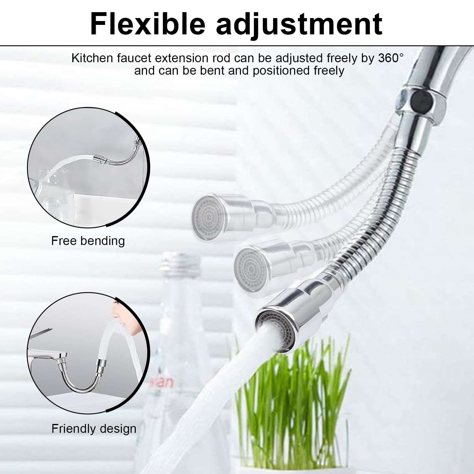 Extensión de Grifo de Acero Inoxidable de 30 cm, Ajustable 360°, con Adaptador de Rosca Interior y Exterior y Juntas, Adecuado para Grifos de Cocina y Baño