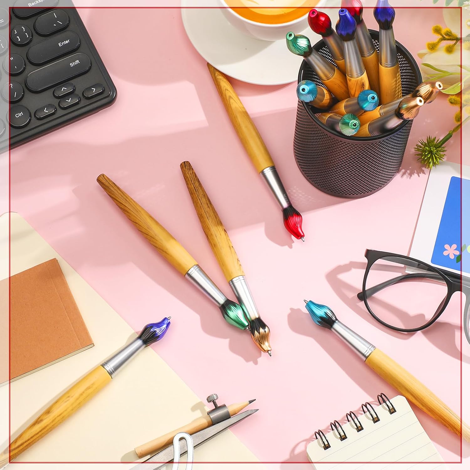 Colarr 50 Pcs Paint Brush Pens Bamboo Brush Shape Ballpoint Pen Novelty Retractable Paintbrush Ink Pens for Art Activity Art Teacher Gifts School Stationery Supplies, 5 Colors Bulk