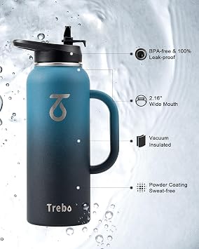 Trebo Insulated Water Bottle 1.2 L Stainless Steel with Side Handle 2 Lids | Triple Wall Vacuum, Large Metal Travel Flask with Straw Spout Lids, Dishwash safe, Keep Cold 48 Hrs 24 Hrs for Gym, Leakproof