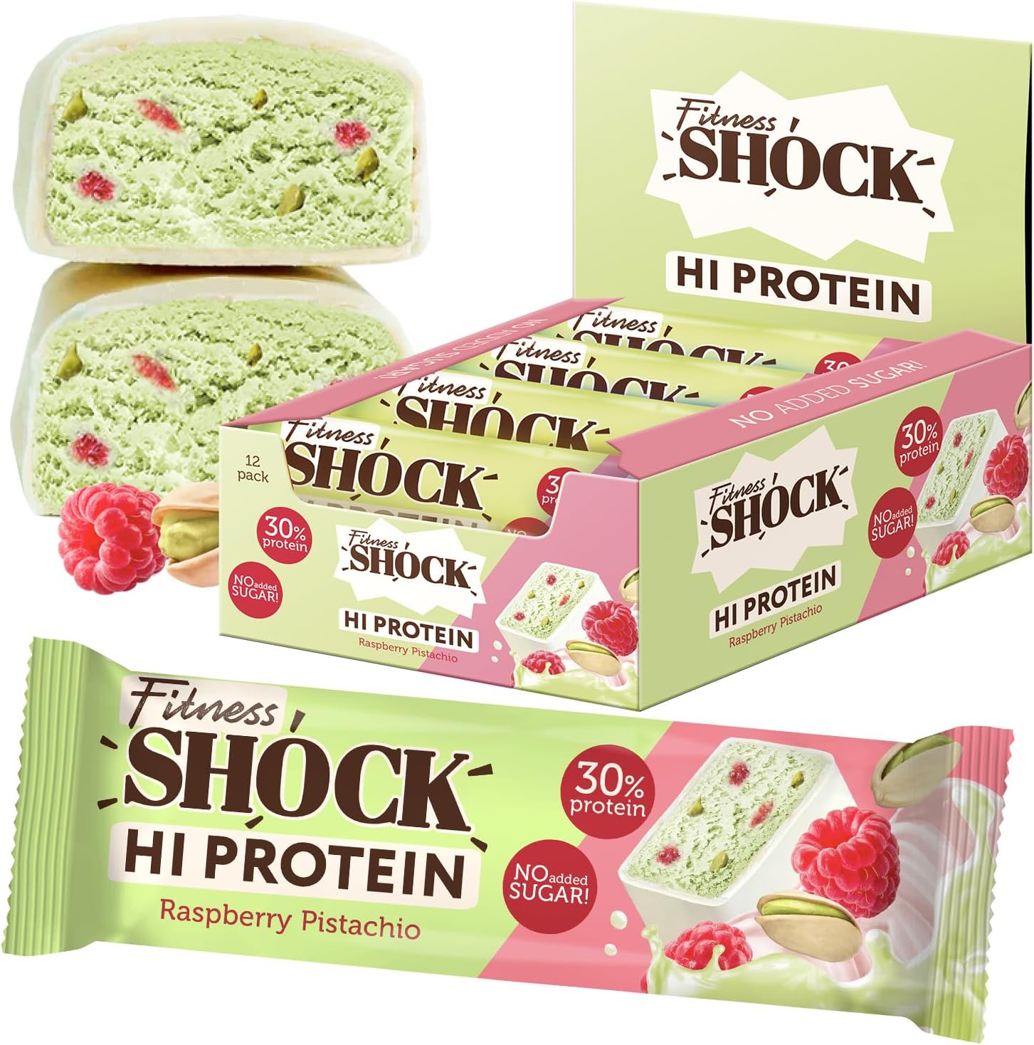 High Protein Bars, 12g Protein, Low Carb, No Added Sugar, Low Calorie 138 Kcal, 5g collagen, Fiber-Rich, Pistachio Raspberry Flavor 12x40g
