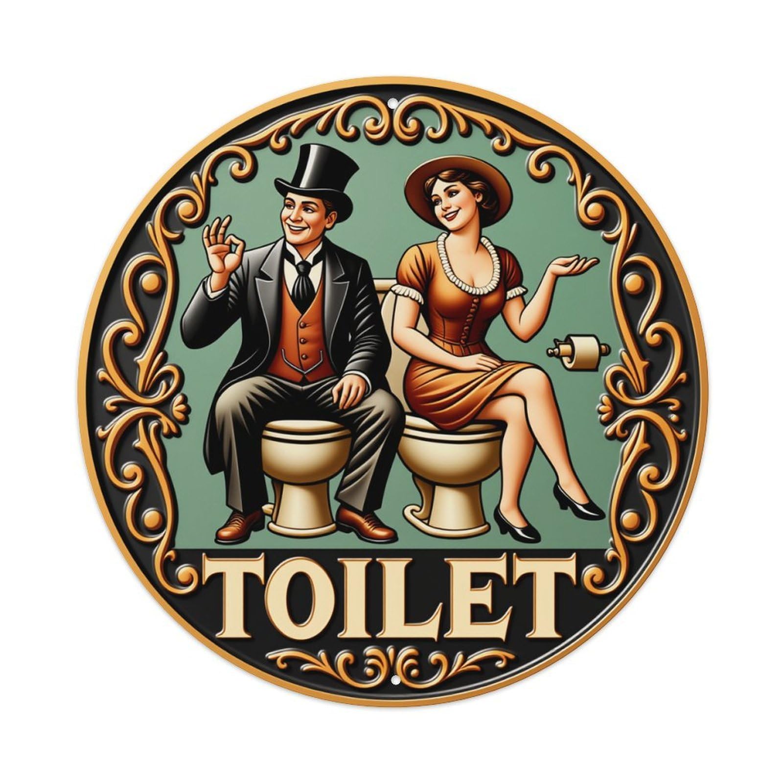 Vintage Couple On Toilets Ornate Frame Toilet Sign Vintage Round Tin Sign Retro Metal Wall Decor Metal Poster, Home Bar Garage Man Cave Cafe Indoor & Outdoor Decoration 8x8Inches