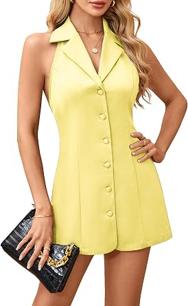 Womens Sexy Deep V Neck Buuton Dress Halter Backless Party Bodycon Mini Dresses
