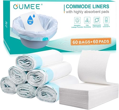 Commode Liners with Absorbent Pads, 60 Bedside Commode Liners and 60 Pads