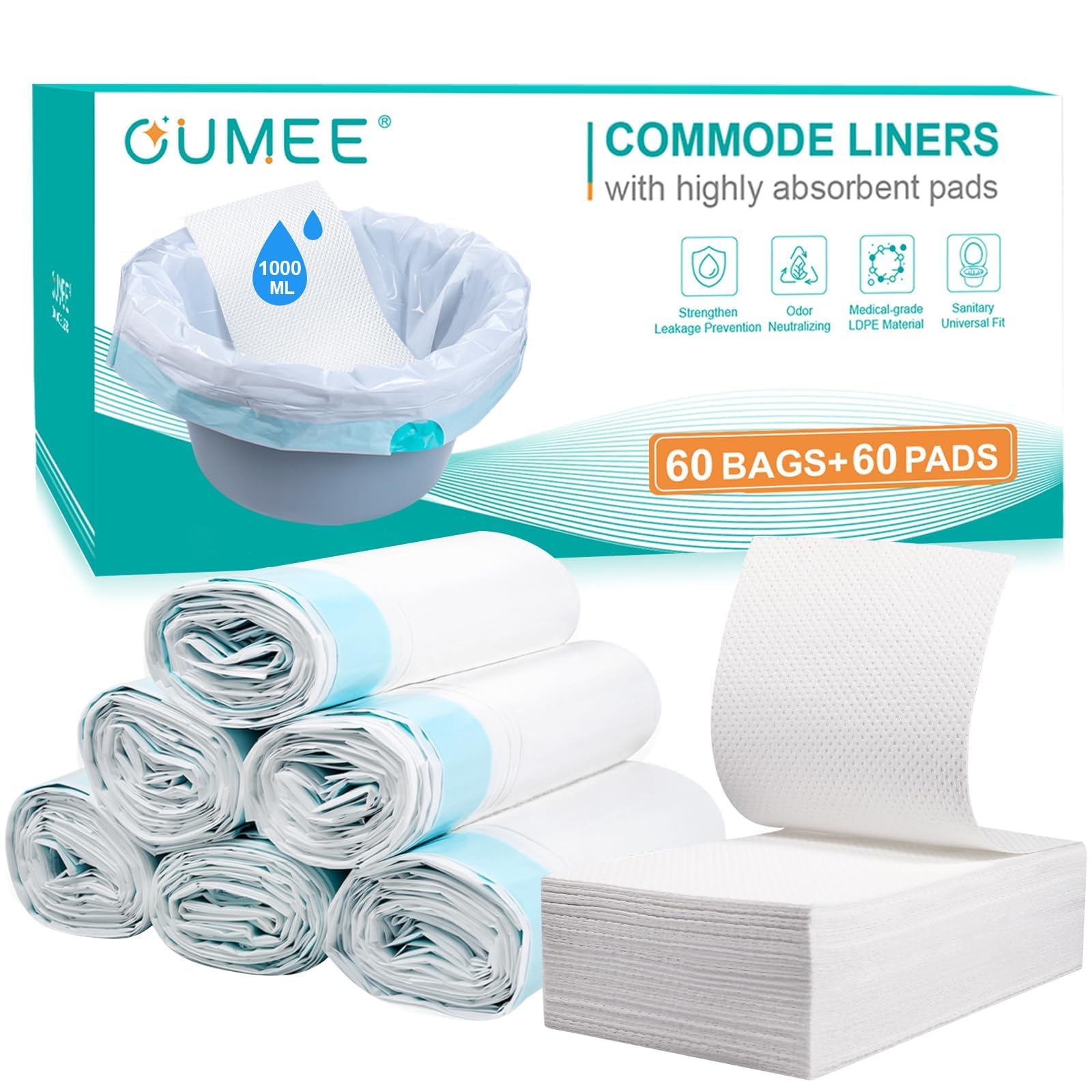 Photo 1 of Commode Liners with Absorbent Pads, 60 Bedside Commode Liners and 60 Pads