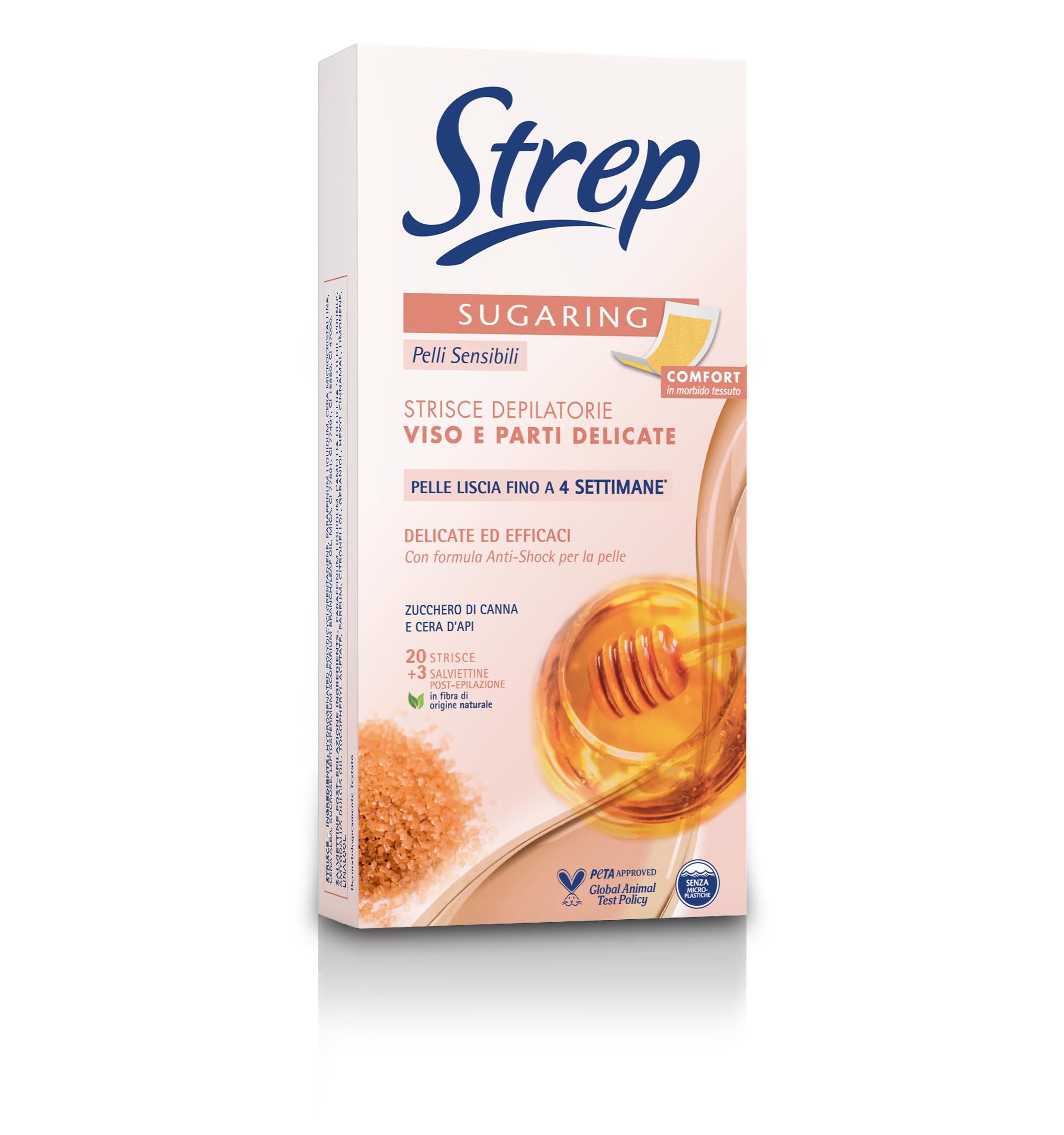Strep - Strisce Depilatorie Viso e Parti Delicate Sugaring, per Pelli Sensibili, Senza profumo, con Zucchero di Canna e Cera d'Api, 20pz