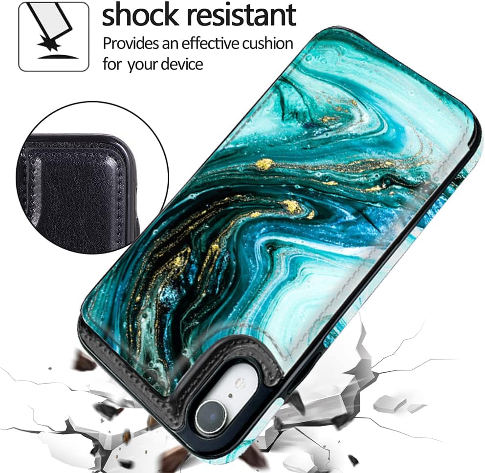 uCOLOR Flip Leather Wallet Case Card Holder for iPhone XR with Card Holder Kickstand - Marble Design Compatible with iPhone XR 6.1" (Turquoise Blue Marble)
