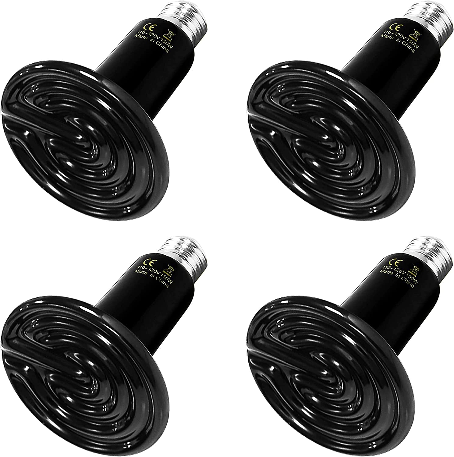 Simple Deluxe 150W Reptile Heat Lamp Bulb Ceramic Heat Emitter No Light Emitting Brooder Coop Heater for Amphibian Pet & Incubating Chicken, 4 Pack Black