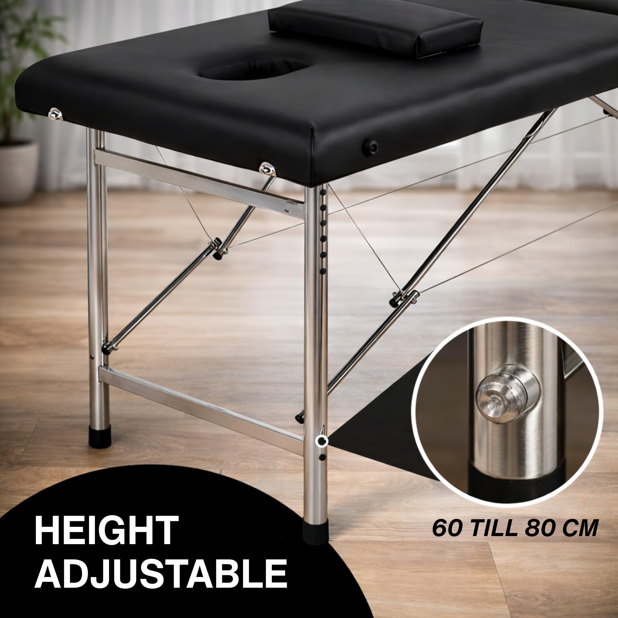 Mesa de masaje plegable profesional Maya de 2 planos, ligera y ergonómica con asa integrada, revestimiento de piel sintética, comodidad óptima (aluminio, negro)