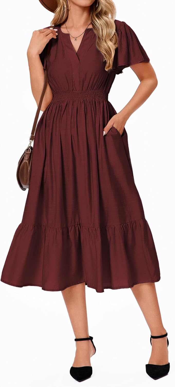 Women's 2026 Spring Summer Flutter Ruffle Sleeve V Neck High Elastic Wasit Flowy Midi Dress with Pockets - Image 6