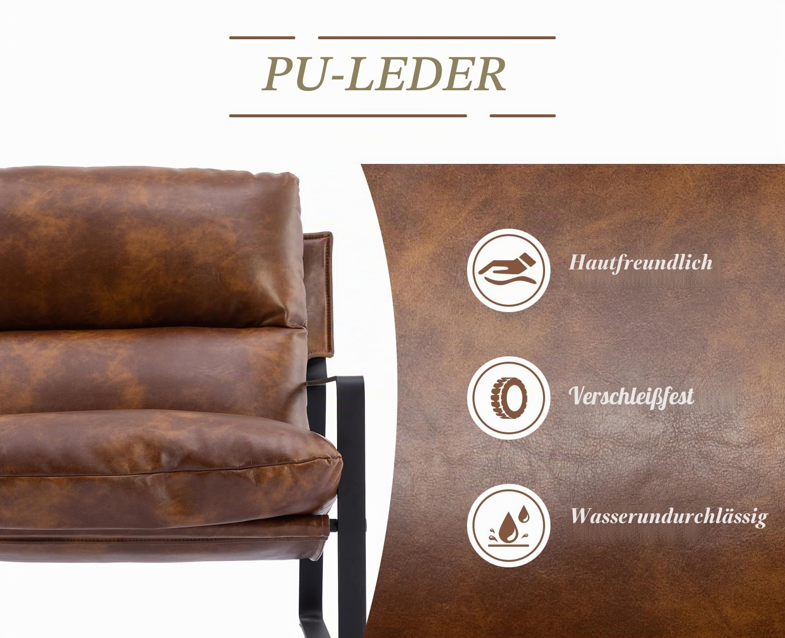 Ya-Home Sessel Wohnzimmer Lesesessel mit Armlehnen moderner Loungesessel mit Metallgestell,Kunstleder, Braun