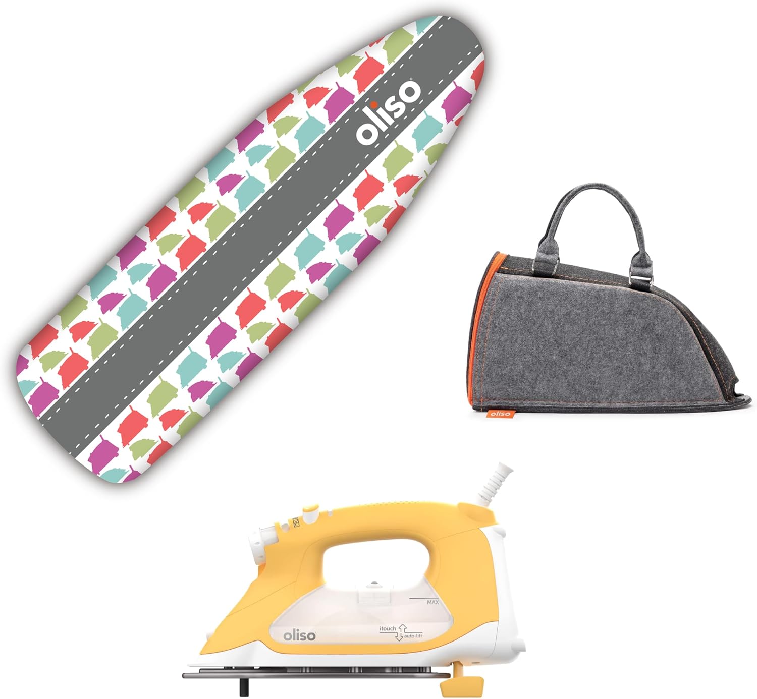 Oliso TG1600 Pro Plus 1800 Watt SmartIron with Auto Lift | Diamond Ceramic-Flow Soleplate Steam Iron (Yellow) + Oliso Carry Bag for full-size irons + Ironing Board Cover (Silhouette)