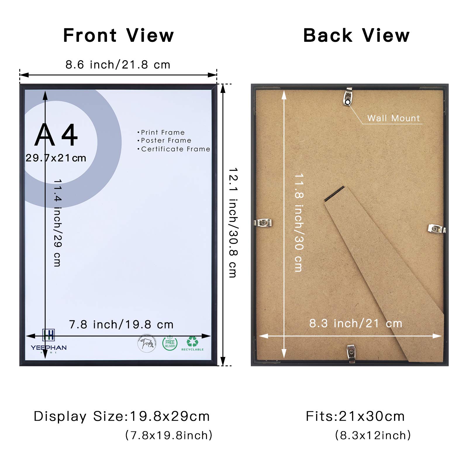 A4 Bilderrahmen mit kunststoffglas Front, 3 Stück, 21 x 30 cm, schwarzer Metall-Zertifikatrahmen-Kollektion, Fotorahmen, Wandgalerie, Collagenrahmen für Wandmontage und Tischdisplay