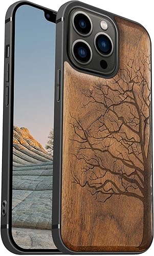 Carveit Funda magnética de madera para iPhone 13 Pro 2021 madera real dura y TPU suave a prueba de golpes, funda protectora híbrida única y elegante